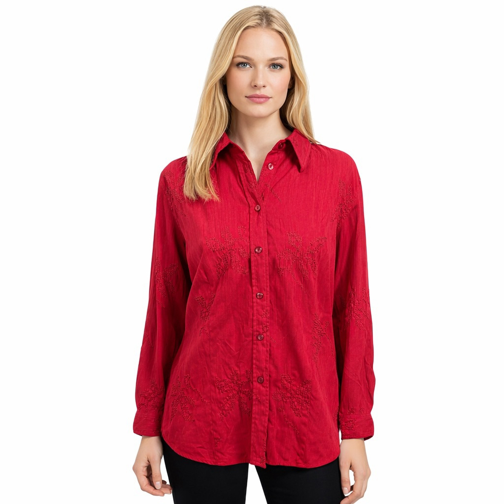 Coldwater Creek Lux Moleskin Shirt Red Floral Needlepoint Embroidery Size L